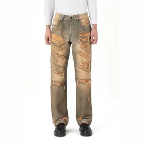 Rip & Repair Curved Denim Pants - Brown Blue