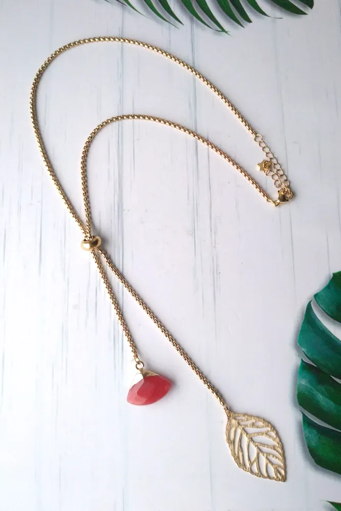 Rose Leaf with Jade Fan Slider Necklace