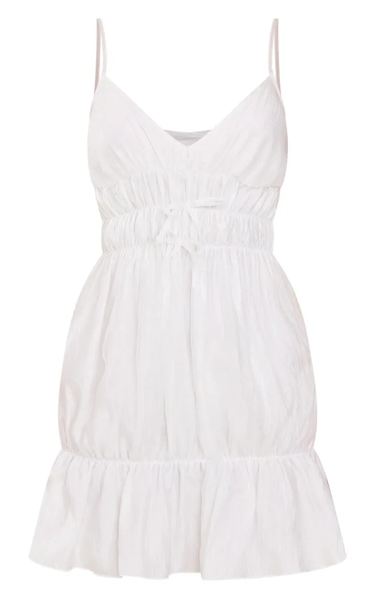 Shiny elasticated frill strappy shift dress in cream