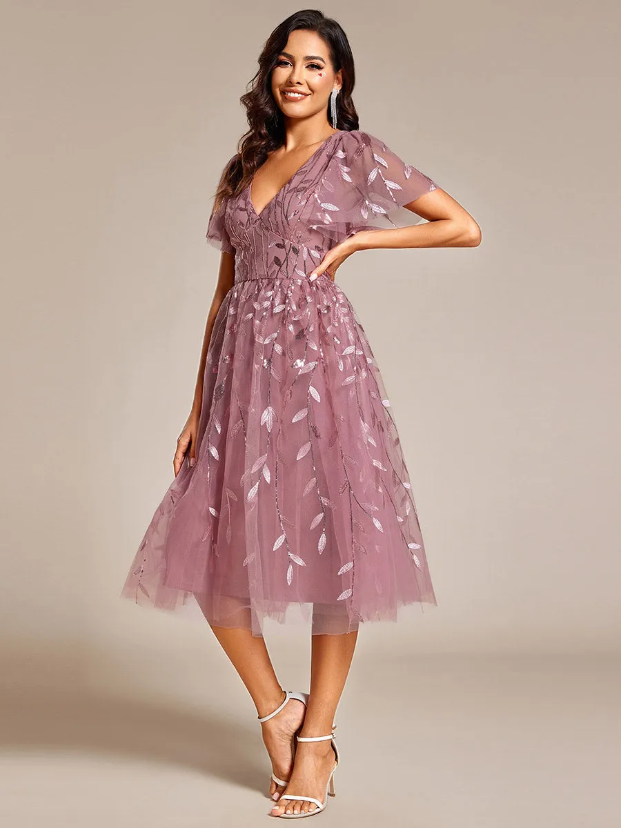 Short Sleeves Leaf Sequin A-Line Midi Formal Wedding Guest Dress