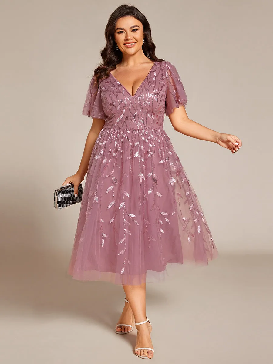 Short Sleeves Leaf Sequin A-Line Midi Formal Wedding Guest Dress