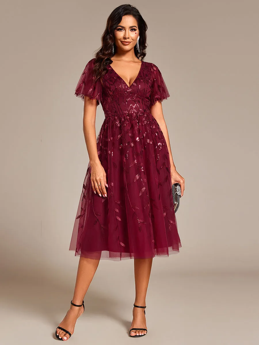 Short Sleeves Leaf Sequin A-Line Midi Formal Wedding Guest Dress