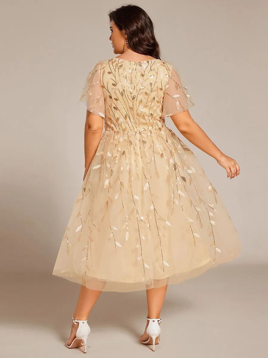 Short Sleeves Leaf Sequin A-Line Midi Formal Wedding Guest Dress