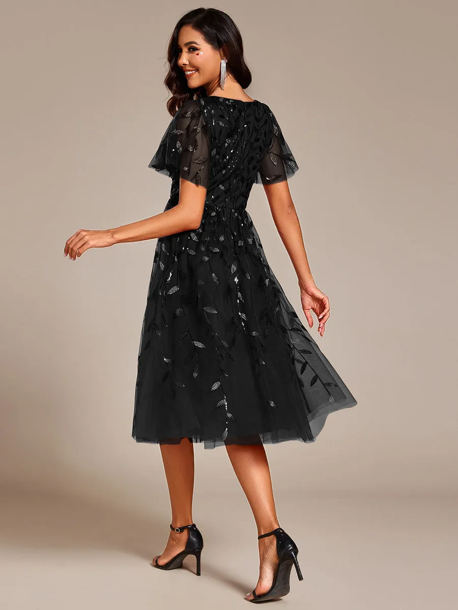 Short Sleeves Leaf Sequin A-Line Midi Formal Wedding Guest Dress