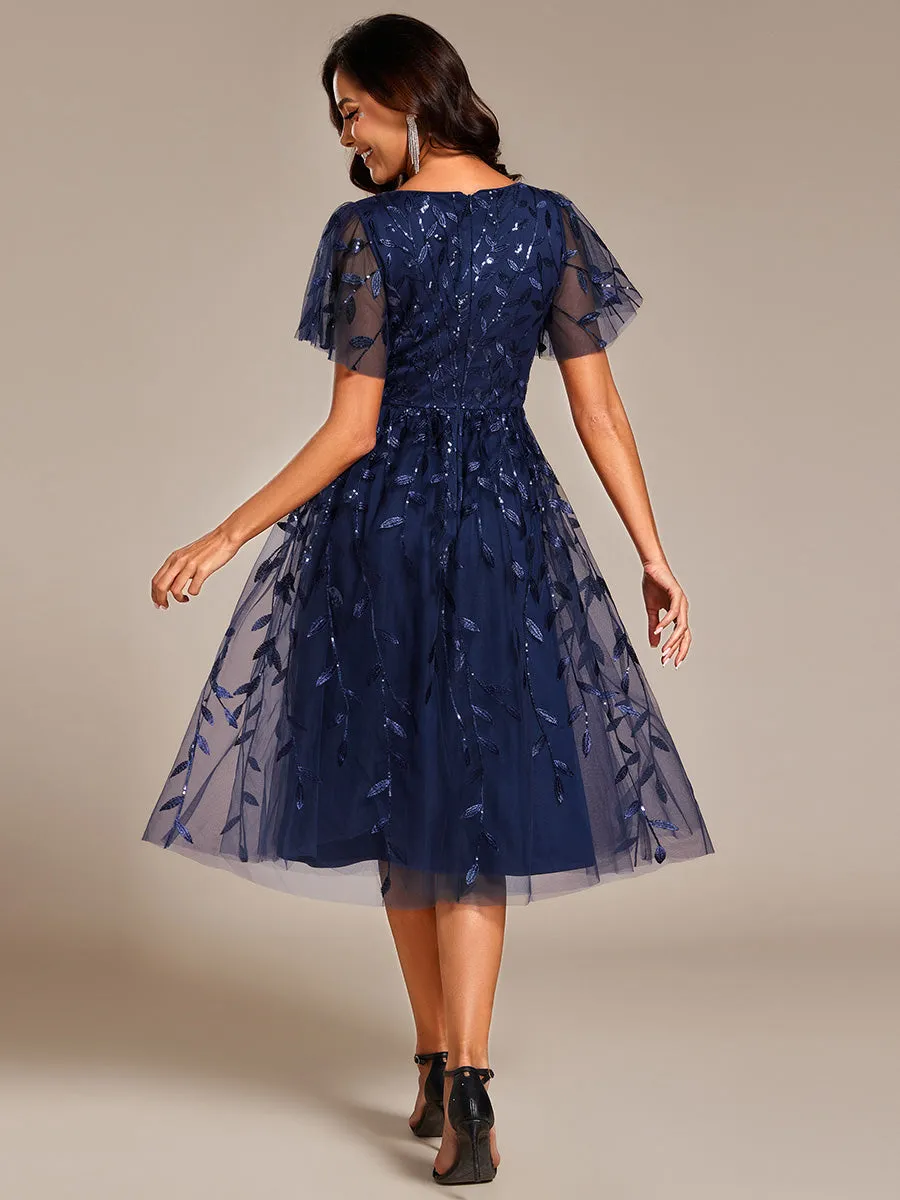 Short Sleeves Leaf Sequin A-Line Midi Formal Wedding Guest Dress