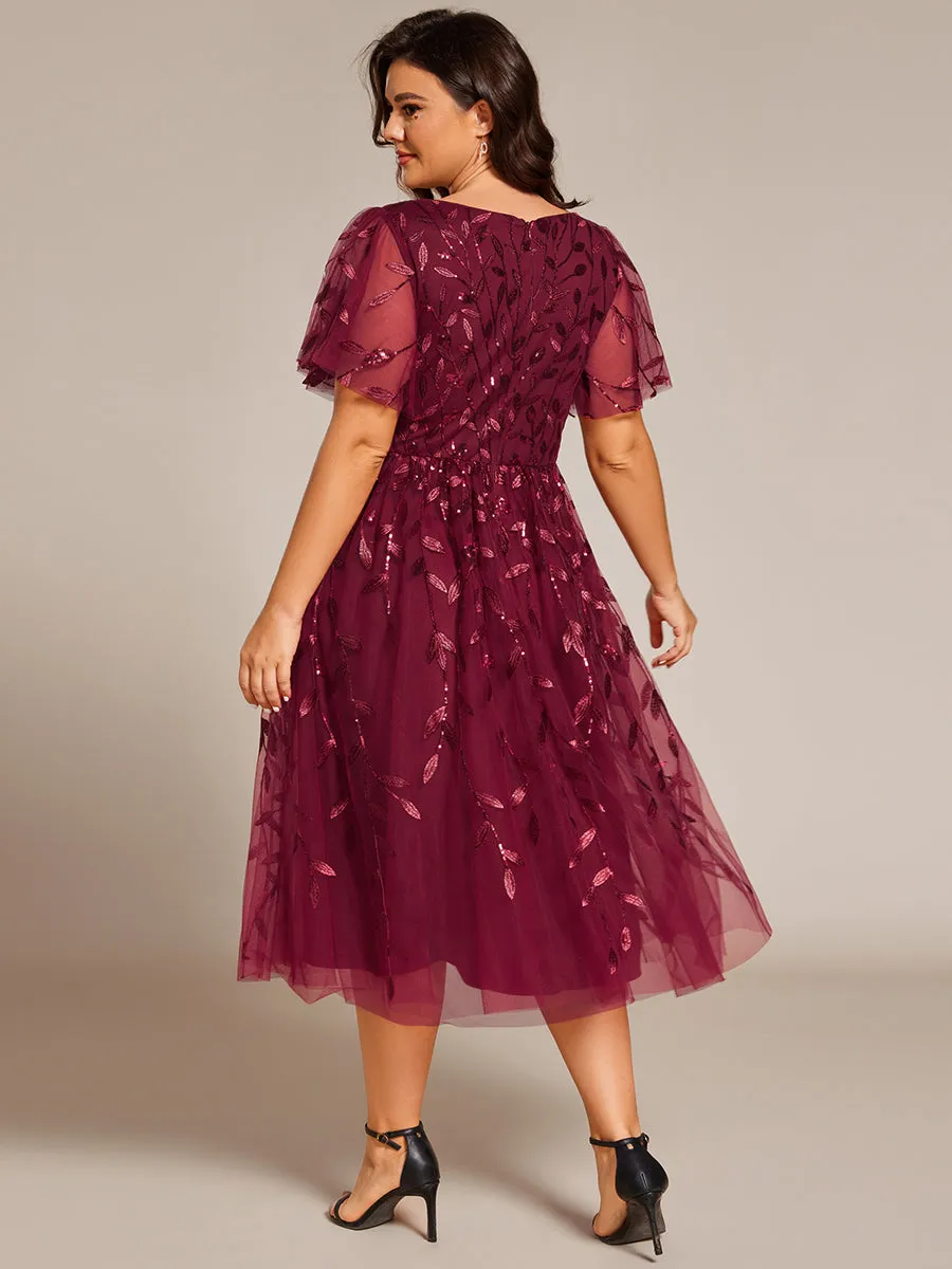 Short Sleeves Leaf Sequin A-Line Midi Formal Wedding Guest Dress