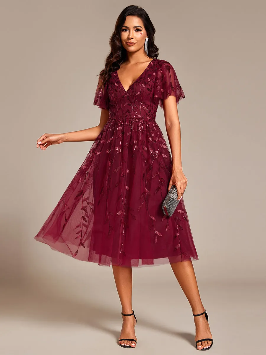 Short Sleeves Leaf Sequin A-Line Midi Formal Wedding Guest Dress