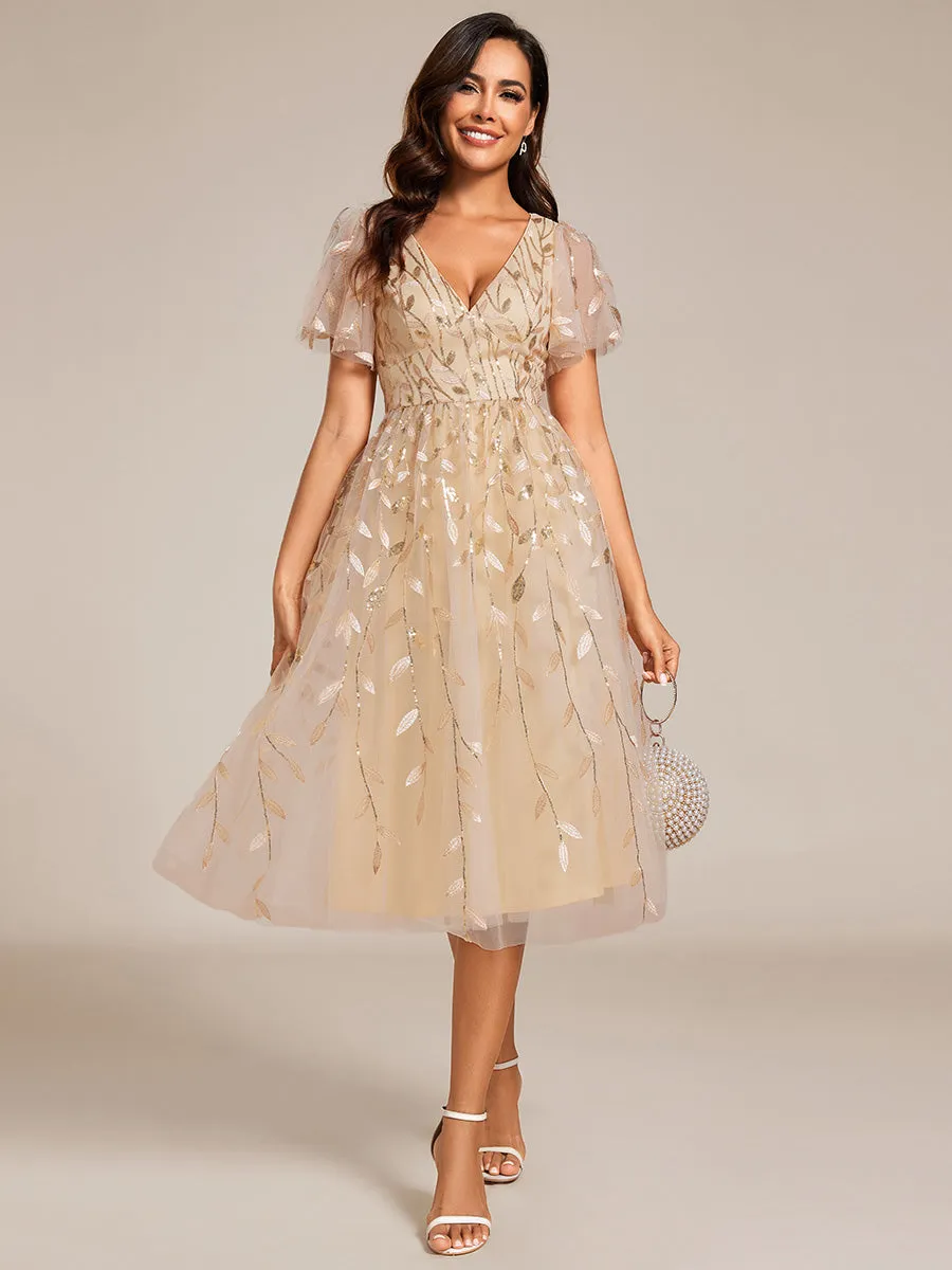 Short Sleeves Leaf Sequin A-Line Midi Formal Wedding Guest Dress