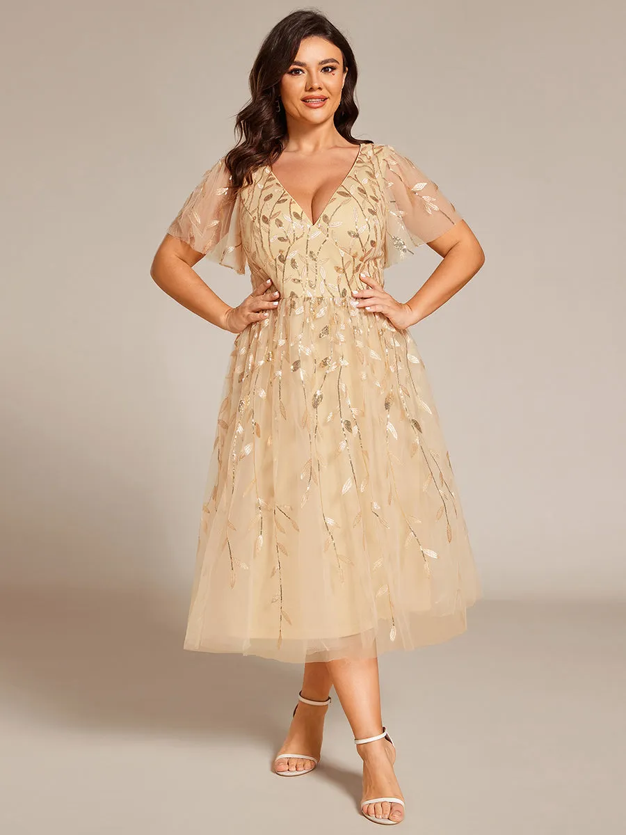 Short Sleeves Leaf Sequin A-Line Midi Formal Wedding Guest Dress