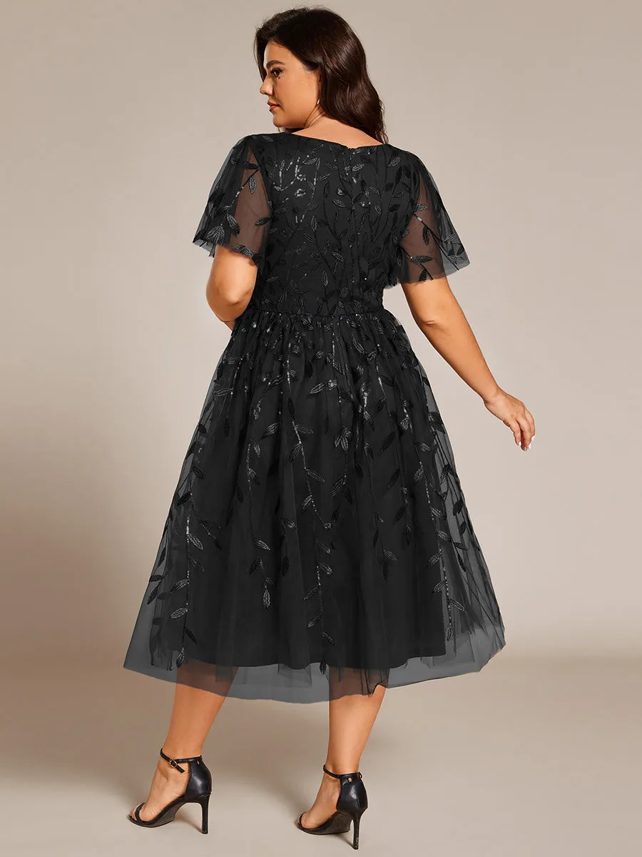 Short Sleeves Leaf Sequin A-Line Midi Formal Wedding Guest Dress