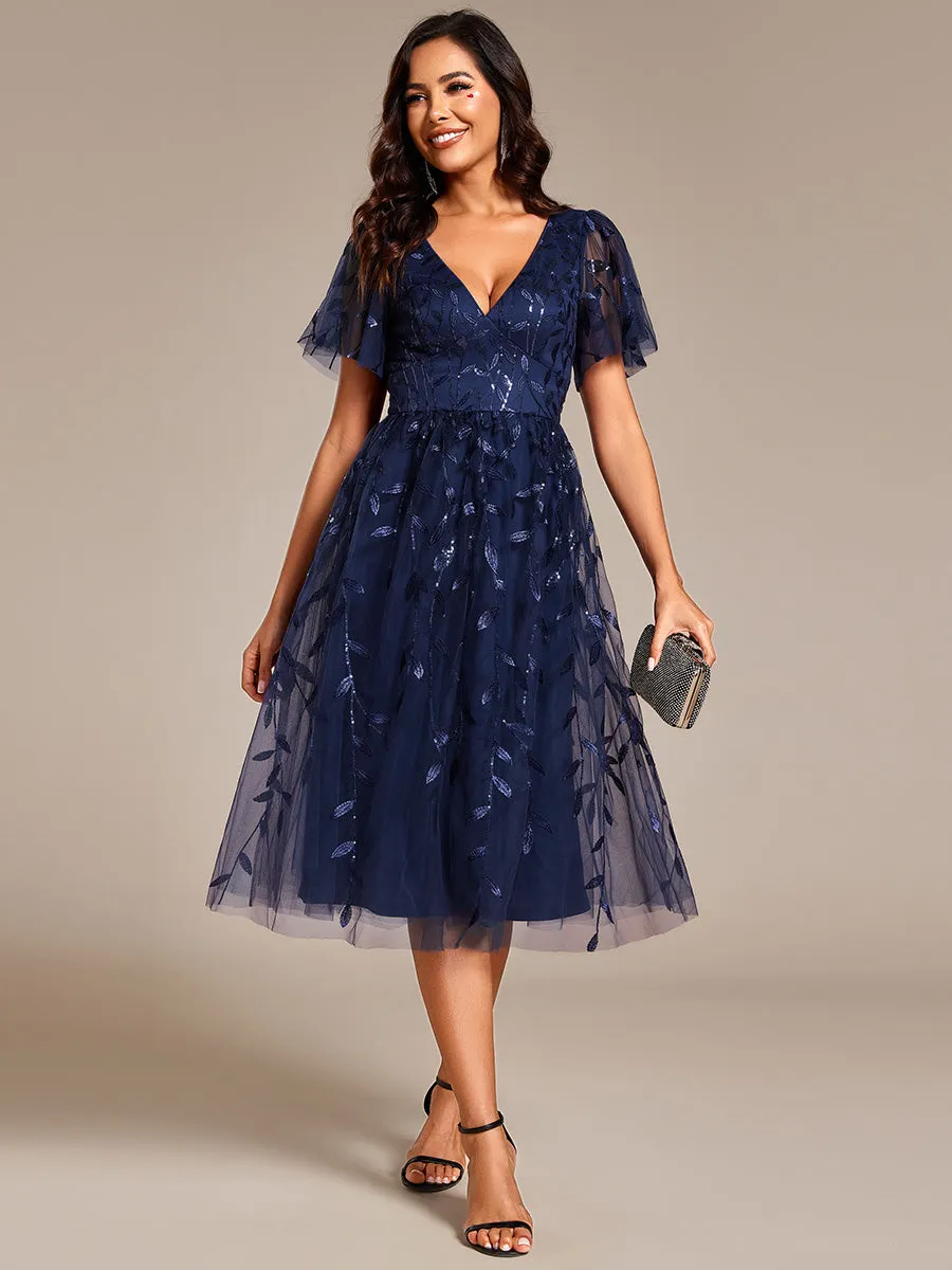 Short Sleeves Leaf Sequin A-Line Midi Formal Wedding Guest Dress