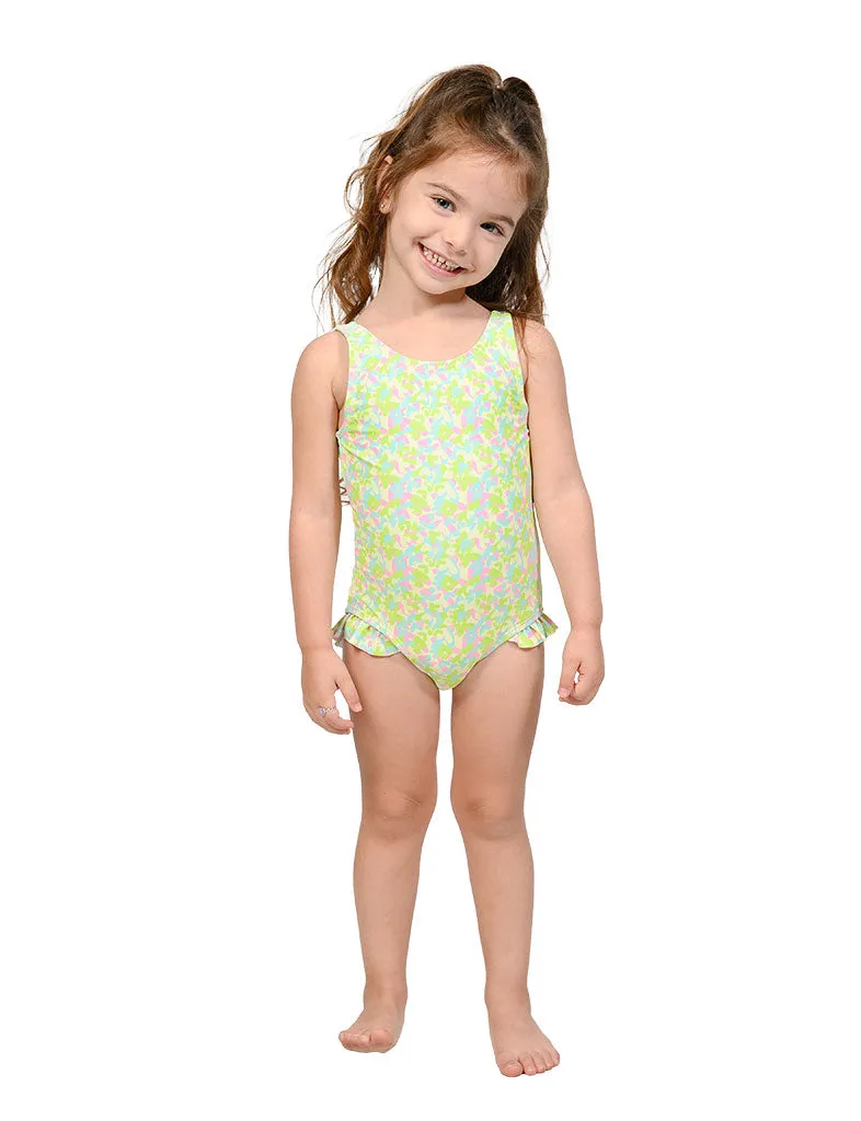 Side leg ruffle one piece bathing suit for infant and toddler girls