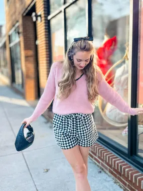 Soft Pink Sweater with Black Lace Trim