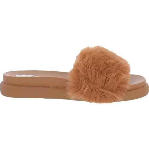 Steve Madden Womens Delphina Faux Fur Slide Slippers Tan 9.5 Medium (B,M)