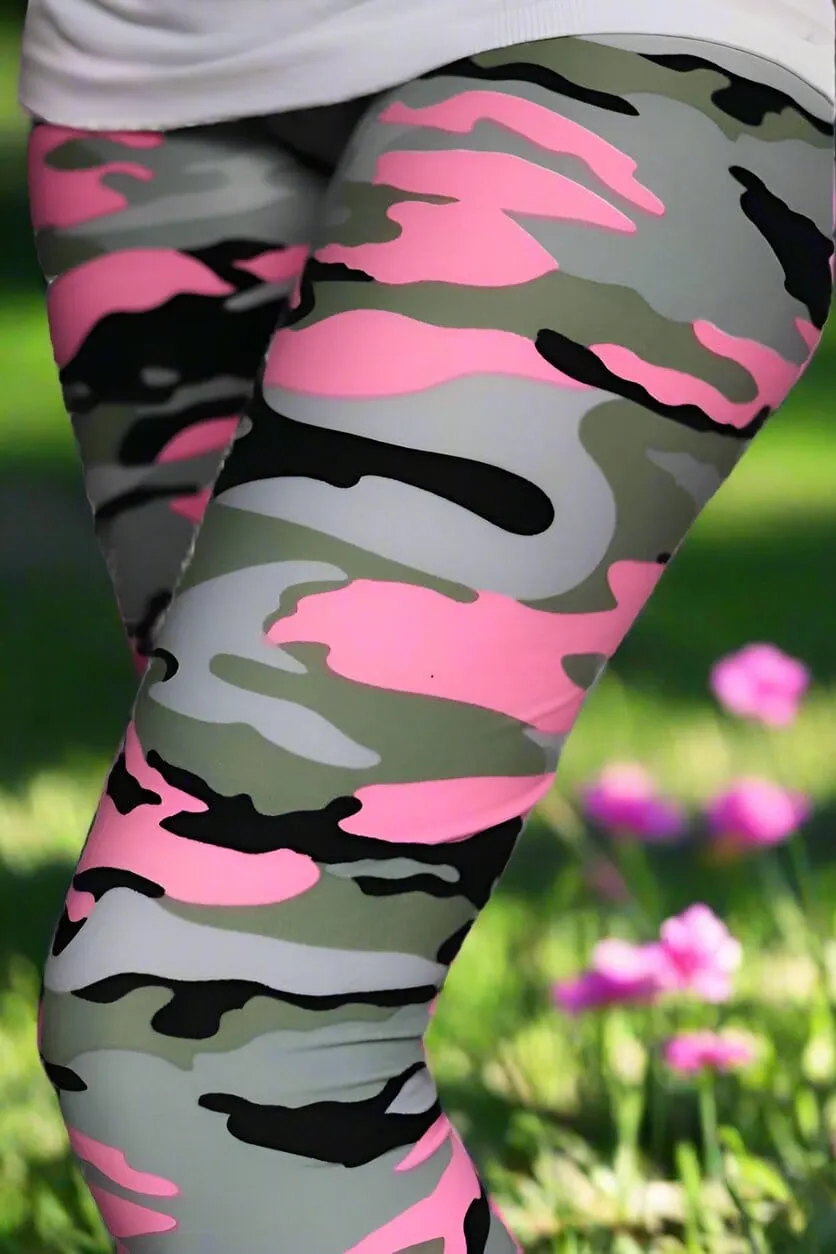 Womens Pink Camouflage Leggings, Soft Yoga Pants, Sizes 0-20, Yoga Waist, Pink/Gray