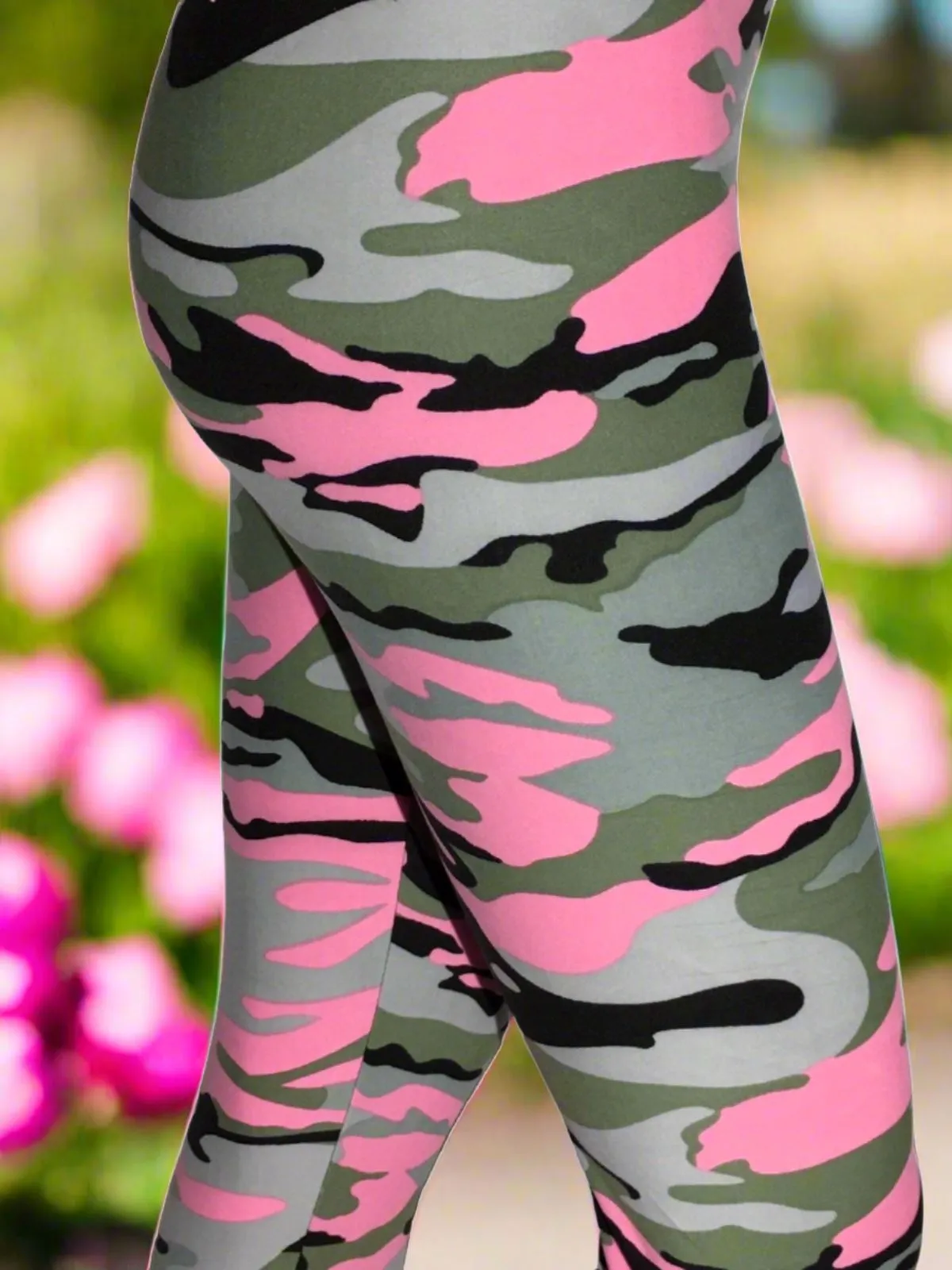 Womens Pink Camouflage Leggings, Soft Yoga Pants, Sizes 0-20, Yoga Waist, Pink/Gray